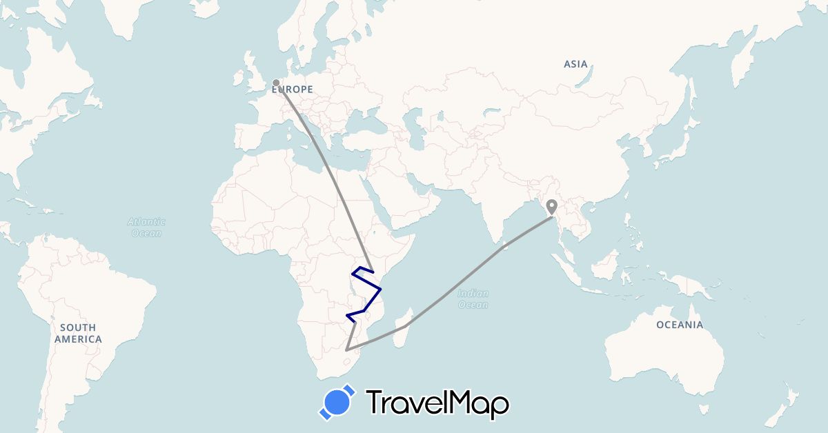 TravelMap itinerary: driving, plane in Kenya, Sri Lanka, Madagascar, Myanmar (Burma), Malawi, Netherlands, Rwanda, Tanzania, Uganda, South Africa, Zambia, Zimbabwe (Africa, Asia, Europe)